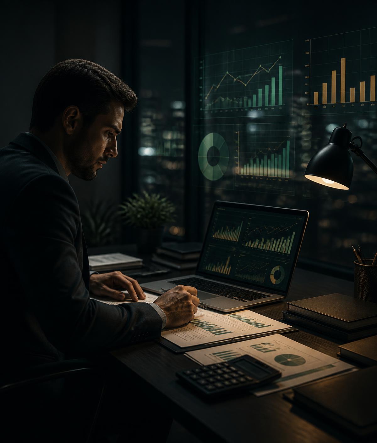 Contador profesional analizando información financiera e indicadores con herramientas digitales e Inteligencia Artificial